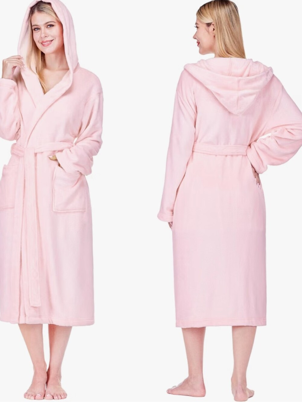 Womens Hooded Fleece Robe, Soft Plush Long Bathrobe with Hood